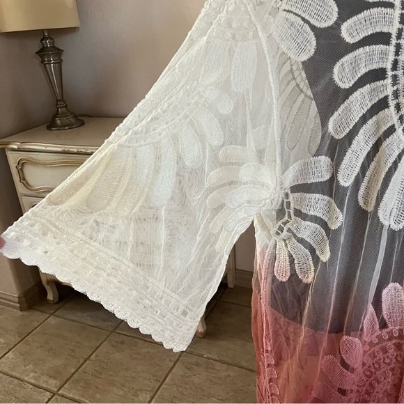 Meri Skye Womens Size 4X / 5X Ivory Pink Lace Ombre Duster Coverup Longline Boho - Picture 2 of 11